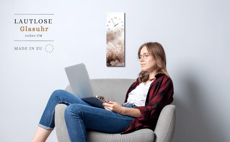 Скляний настінний годинник Calm Grasses 20x60 см безшумний, металеві стрілки, для вітальні та спальні, натуральний дизайн з рослинами, вироблено в ЄС