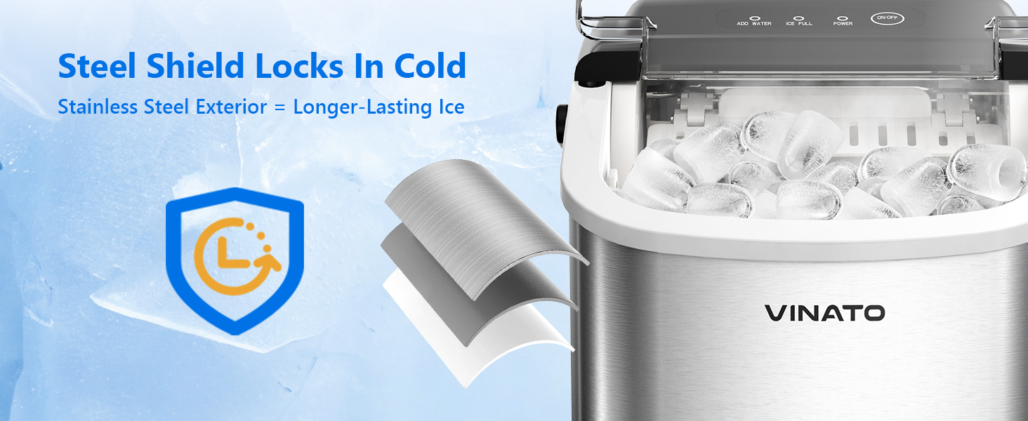 Машина для приготування льоду VINATO, компактна, 9 кубиків за 6-8 хвилин, портативна, продуктивність 12 кг/24 год, тиха робота, з лопаткою та кошиком для кухні, офісу, бару та вечірки, срібна