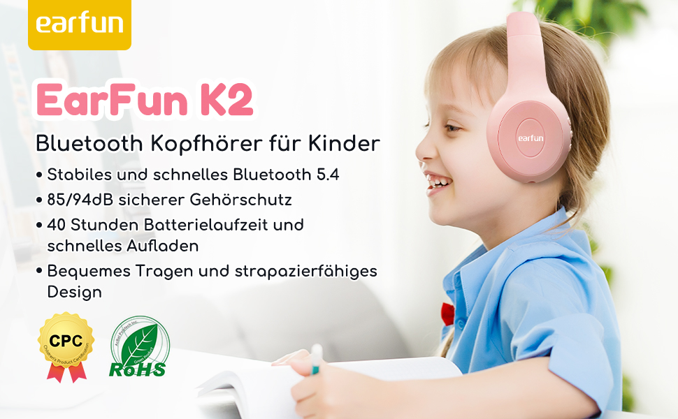 Бездротові навушники EarFun для дітей, Bluetooth, регулювання гучності 85/94 дБ, Hi-Fi звук, HD-мікрофон, 40 годин роботи від акумулятора, складні, регульовані, рожеві