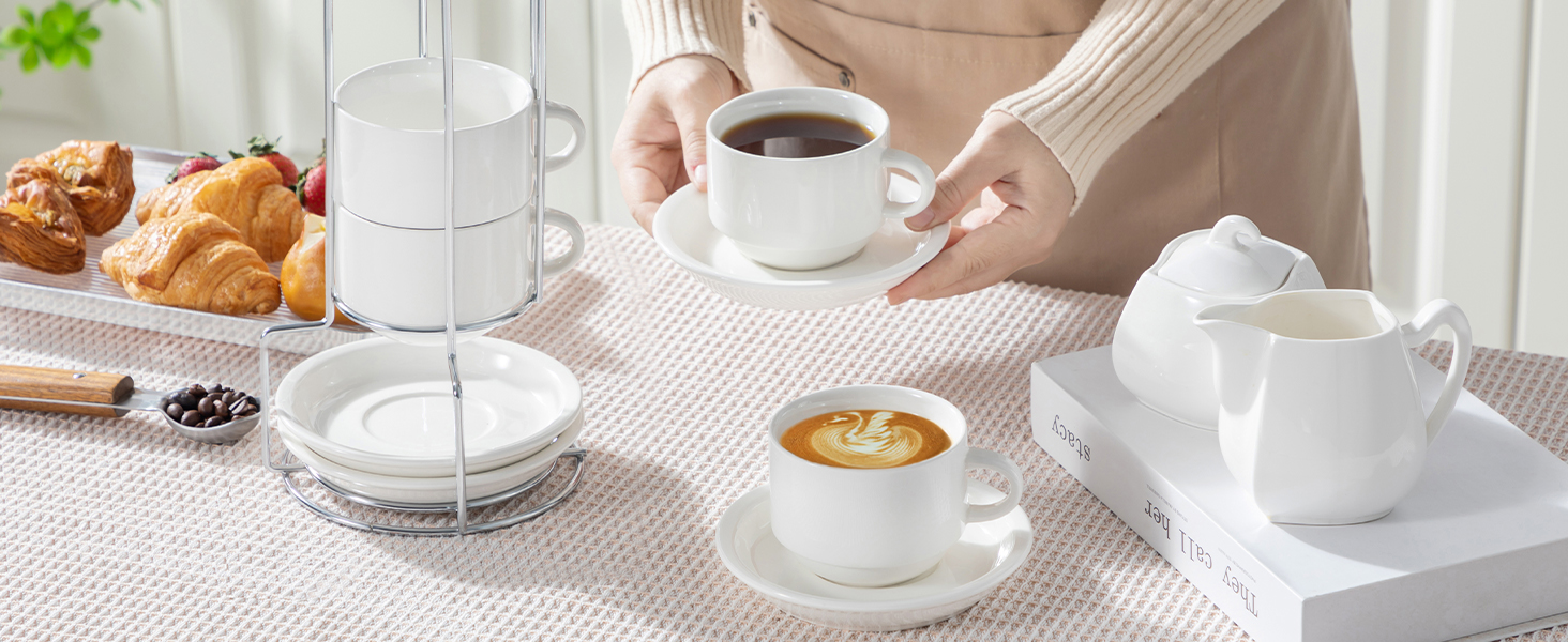 Набір чашок еспресо MALACASA 4 шт., 75 мл, з підставками та стійкою, 240 мл, біле порцелянове, для еспресо, Regular