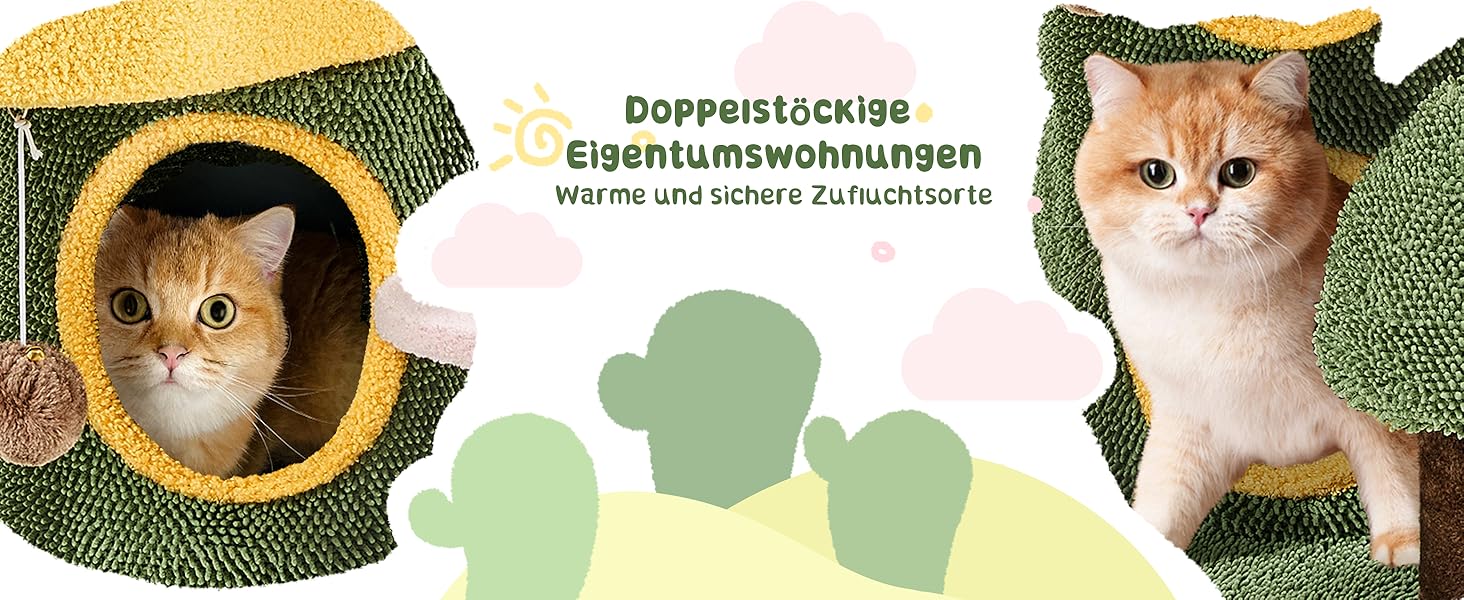 Дерево-кіготь для котів Yaheetech Kaktus, 123 см, оазис-тема, зелено-жовтий, для 2-3 котів, з 2 платформами та 2 печерами