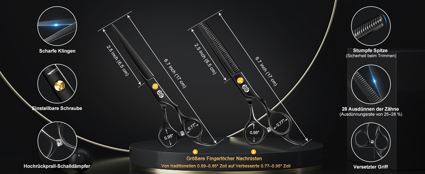 Професійний набір фрізьорських ножиць CIICII (6,7 дюйми) для стрижки волосся, бороди та догляду за тваринами. Чорний колір.