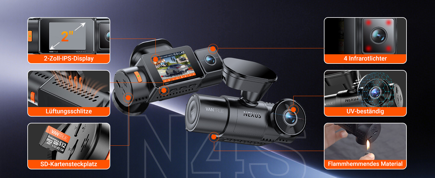 Автомобільний відеореєстратор VANTRUE N4S 3-канальний (2.7K+2.5K+1440P), STARVIS 2 HDR, нічна зйомка, 5GHz Wi-Fi, GPS, 24г паркування, G-сенсор, підтримка 1ТБ, для авто