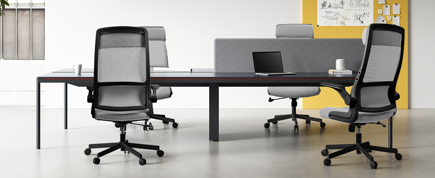 Ергономічне крісло для офісу з регульованою підголовником, сітчасте крісло для робочого столу, відкидні підлокітники, широке сидіння, функція гойдання, комп'ютерне крісло EN 1335, офісне крісло 200 кг, сіре та чорне