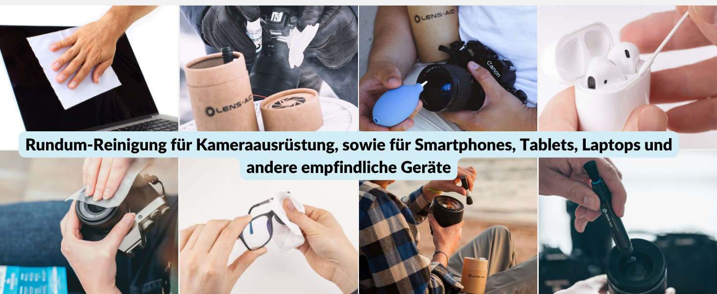 Набір для чищення камери 8-в-1 LENS-AID: для повноформатних, APS-C камер та об'єктивів. Включає рідину для чищення, мікрофібру, стайки, вологі серветки, пензлик, повітряний насос та інше