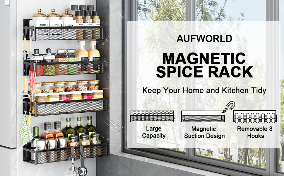 Магнітна полиця для спецій на холодильник, 4 шт. Магнітна органайзер для холодильника з 8 рухомими гачками, для організації та зберігання спецій