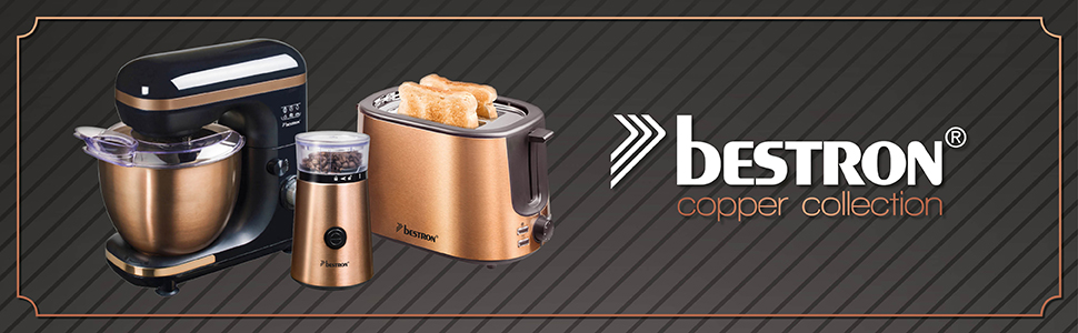 Тостер Bestron Satin Collection з 2 відсіками, 7 рівнів підсмажування, піддон для крихт та насадка для тостів, 1000 Вт, колір: мідний