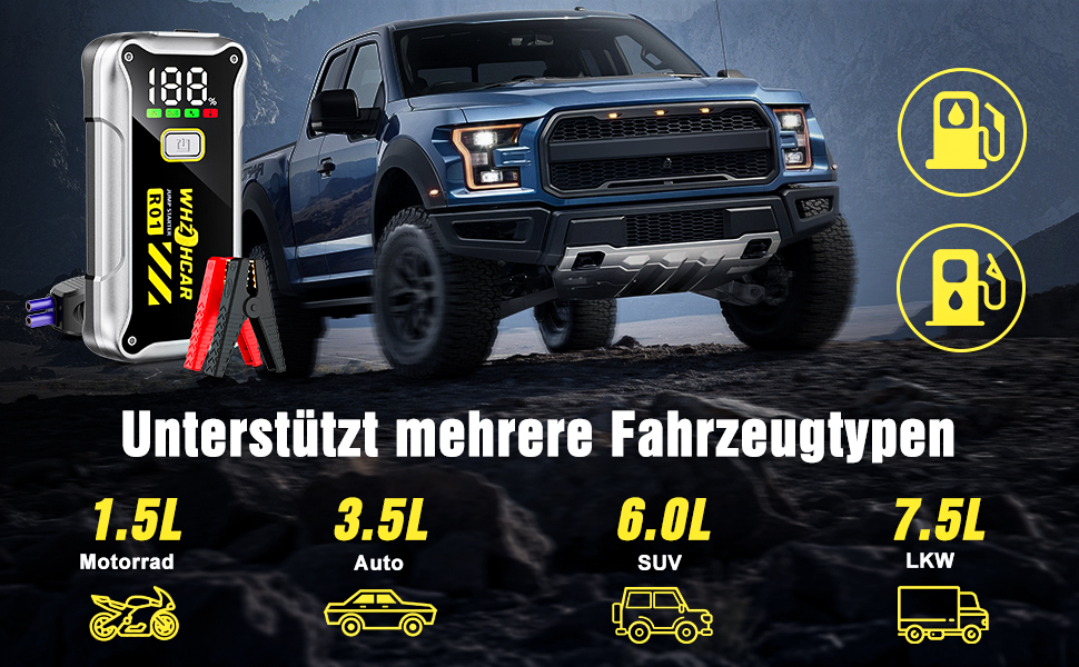 Powerbank Starthilfe 4000A: портативний пусковий пристрій для автомобіля 12V з LCD дисплеєм та LED ліхтариком. Підходить для бензинових (9.0L) та дизельних (7.5L) двигунів. Ідеально для SUV, мотоциклів та газонокосарок. Чорний колір.