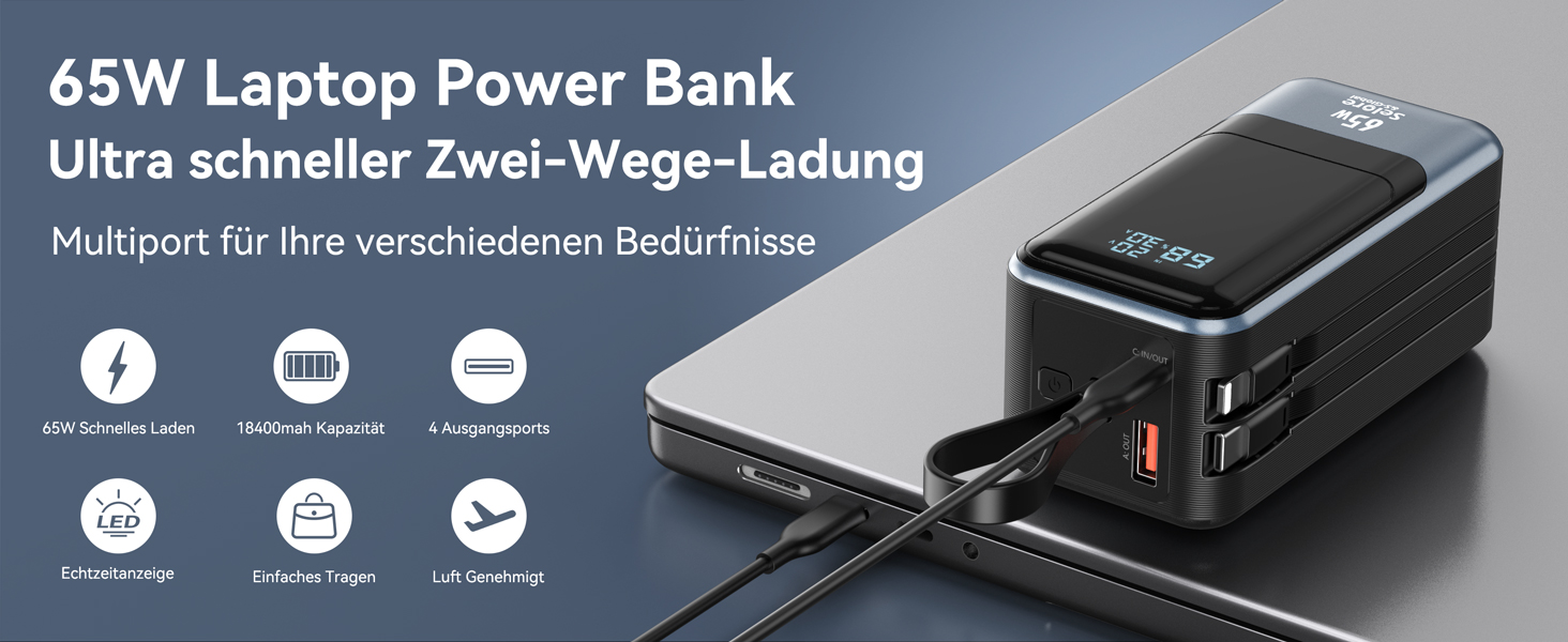 Power Bank Selore&S 65W з USB-C, 4 порти, для ноутбуків, MacBook, iPad, iPhone, Galaxy, Steam Deck, дронів, чорний