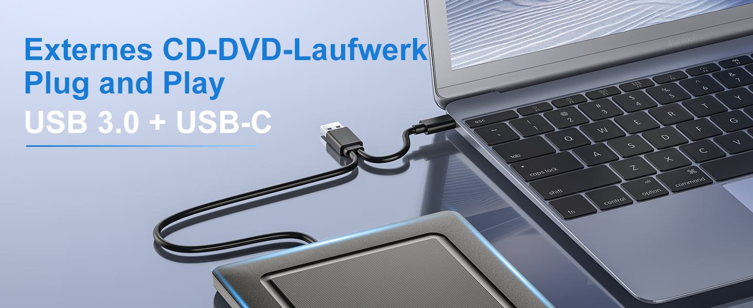 Зовнішній CD/DVD привід USB 3.0 та USB-C, ультратонкий оптичний накопичувач CD DVD +/-RW ROM для ноутбука, ПК, MacBook (Windows, macOS, Linux), чорний