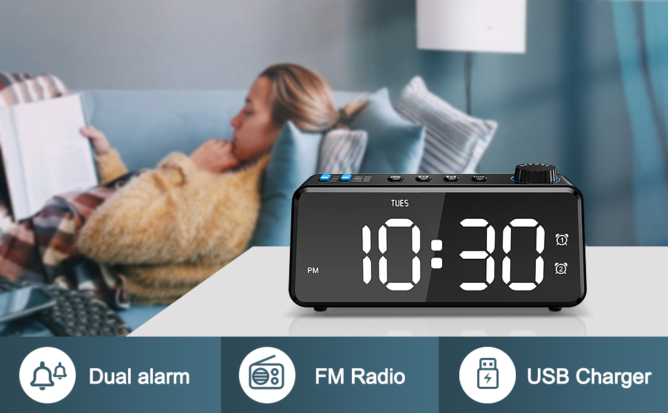 Цифровий FM-радіо будильник ANJANK з USB-зарядкою, подвійним будильником, димованим LED-дисплеєм 6,5'', динаміком, функцією відкладання, для спальні, чорний