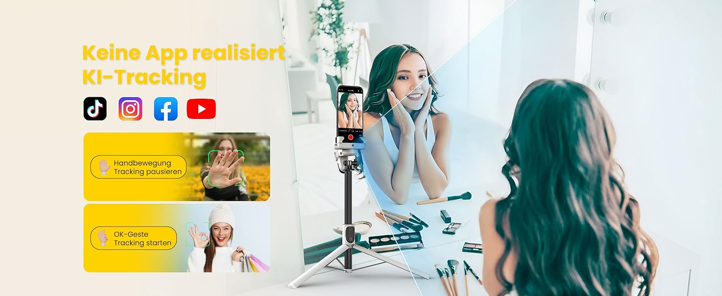 Стабілізатор для телефону AOCHUAN M2Pro, 4-в-1 RGB світло, тримач для смартфона, 108 см, чорний/білий