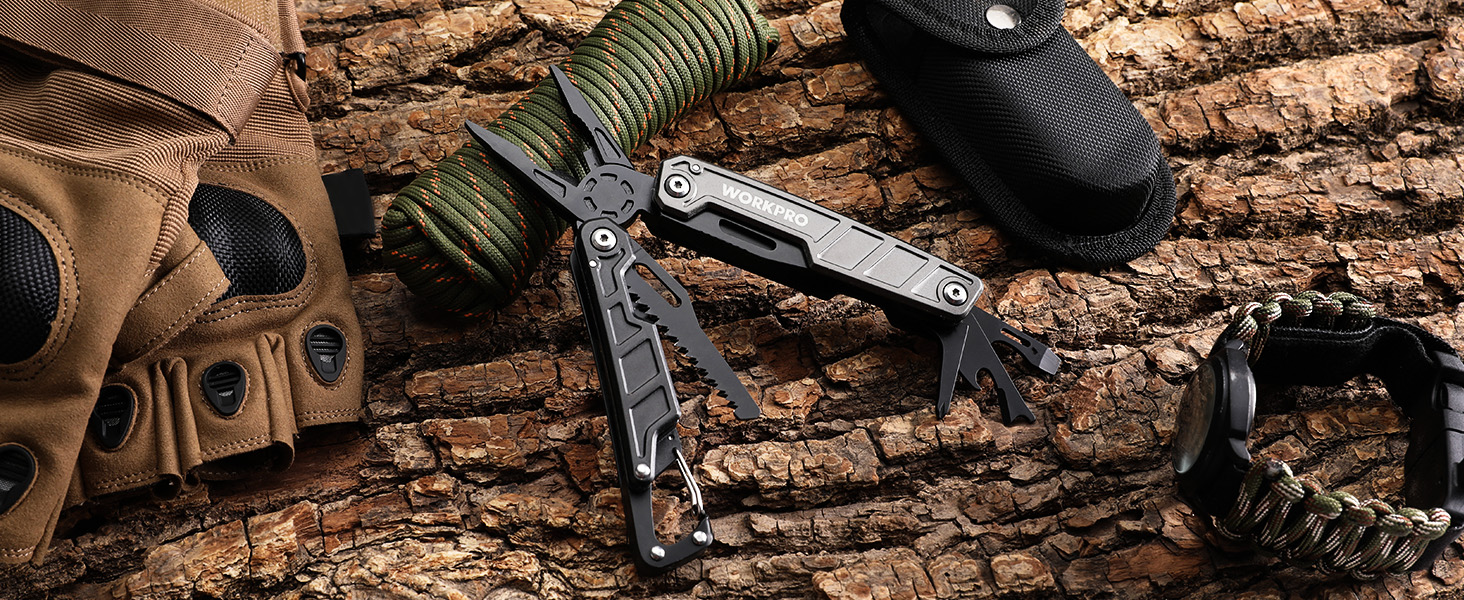 WORKPRO Мультитул 11-в-1: мультиінструмент з нержавіючої сталі з карабіном, плоскогубцями, кабелерізом, відкривачкою для пляшок, викрутками для відпочинку на природі. У комплекті чохол.