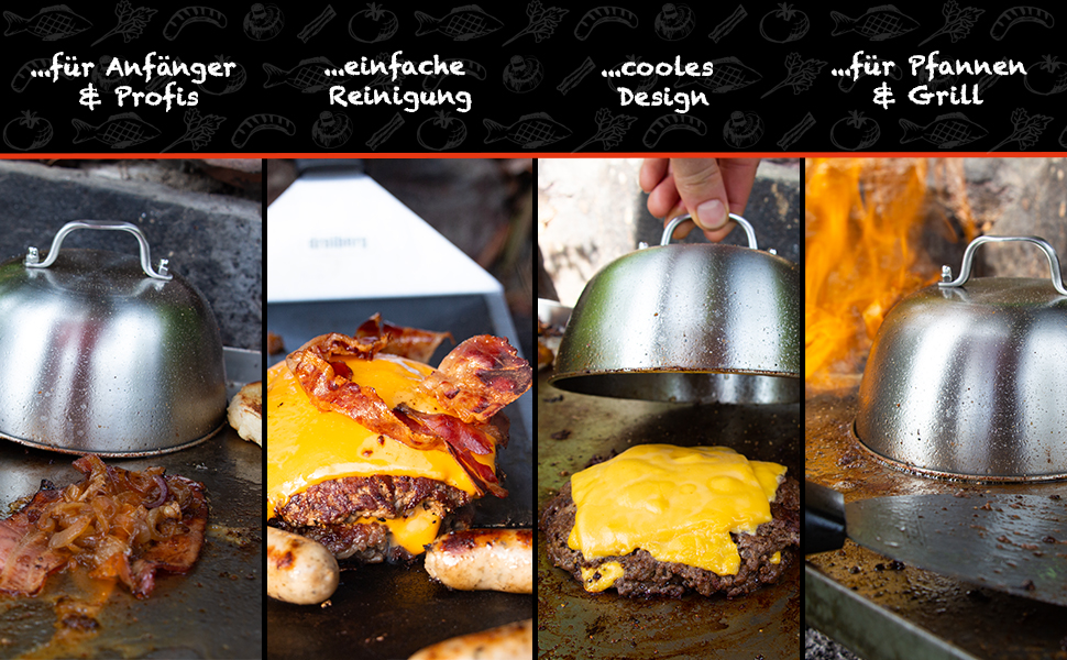 Набір для приготування бургерів DREIBERG® з нержавіючої сталі (9 предметів): шпатель, дзвоники для плавлення сиру, прес, сматчер, дозатор спецій, рецепти та папір для випікання