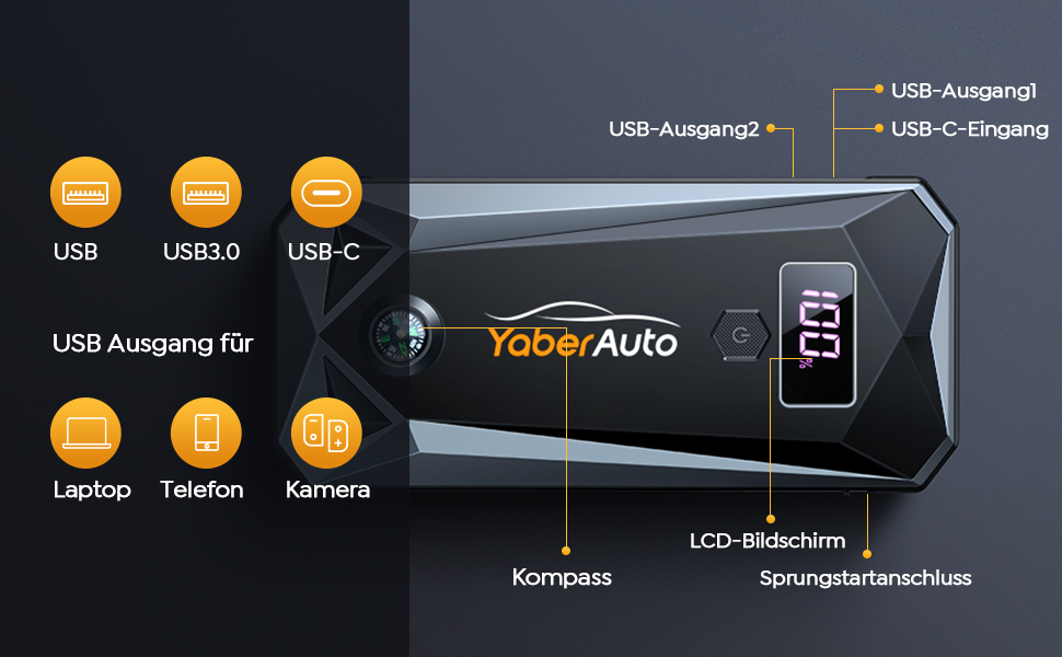 Портативний пусковий пристрій YaberAuto YA50 3000A з LCD-дисплеєм та LED-ліхтариком (4500A, 21800mAh) - для бензинових та дизельних двигунів до 7.0L