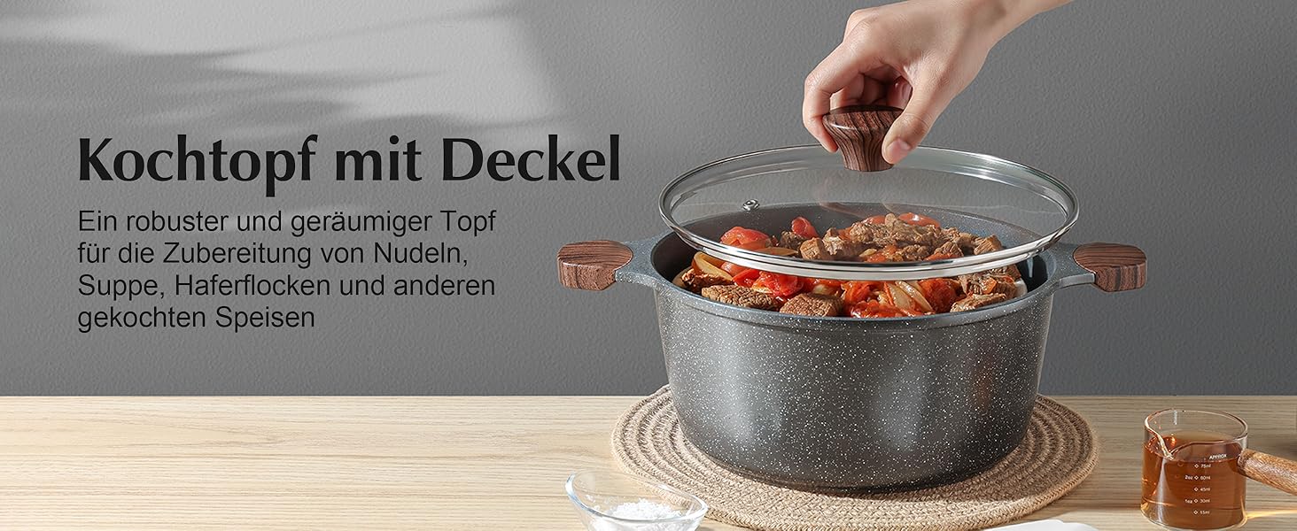 Набір посуду SENSARTE з антипригарним покриттям 13 предметів, гранітний, з кришками та силіконовими інструментами, сірий