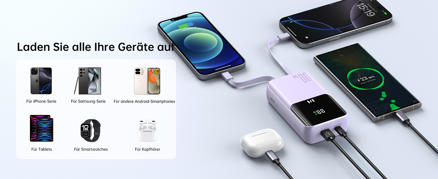 Power Bank Selore&S 20000mAh 30W з USB-C, LED дисплеєм, 4 виходами, Lila (фіолетовий)