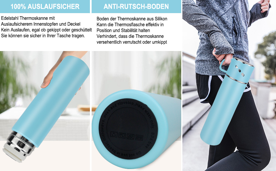 Термос з нержавіючої сталі 550 мл - термос-пляшка без протікань з чашкою та ручкою, вакуумний термокухоль 12 год гаряче / 12 год холодне, неслизький келих для кави в дорозі для спорту, роботи, школи, авто (Блакитний)