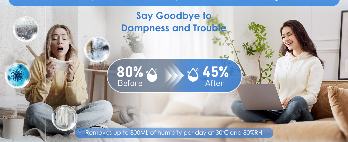 Електричний осушувач повітря 2500 мл з баком для води - Осушувач повітря електричний з трьома швидкостями + два режими, таймер 48H, авто-стоп & анти-заморожування, для спальні та ванної кімнати