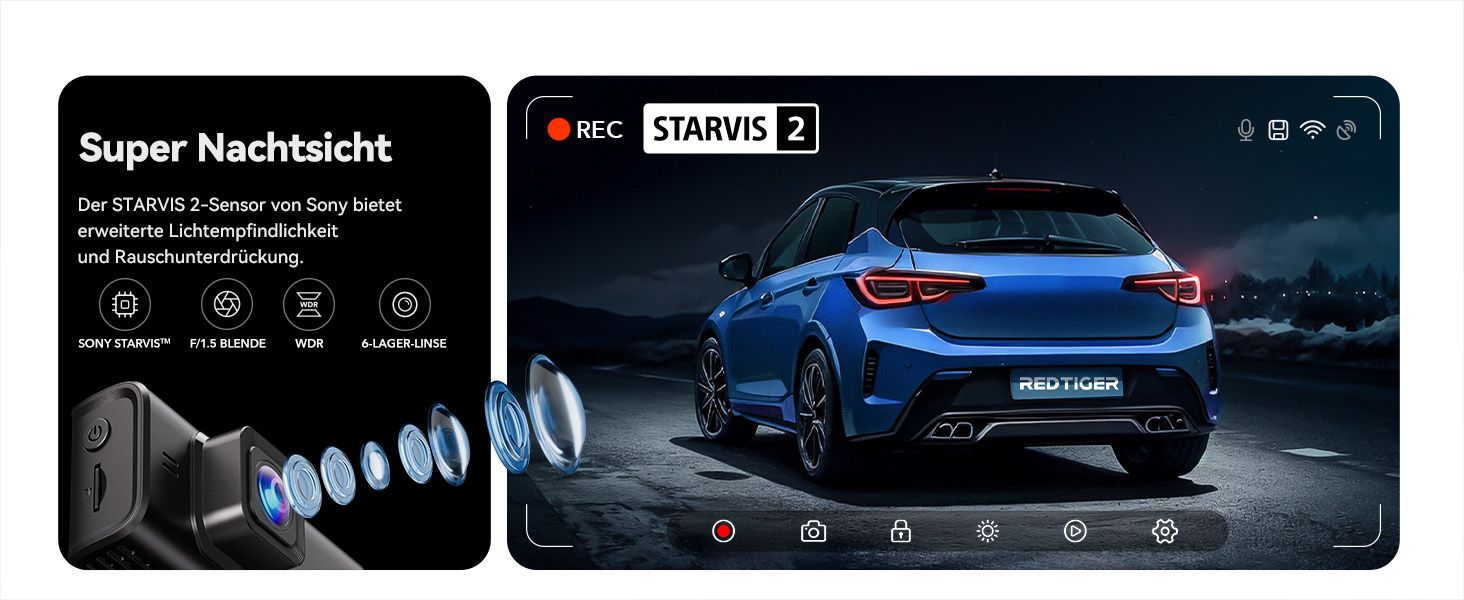 Відеореєстратор REDTIGER 4K STARVIS 2 з двома камерами, сенсорний екран 3.18