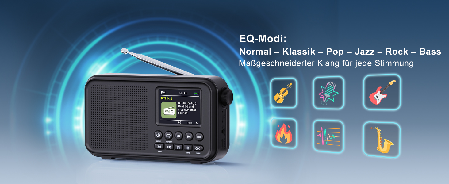 Портативне DAB/DAB+ радіо з Bluetooth 5.0, FM, акумулятором 3000mAh, дисплеєм 2.4