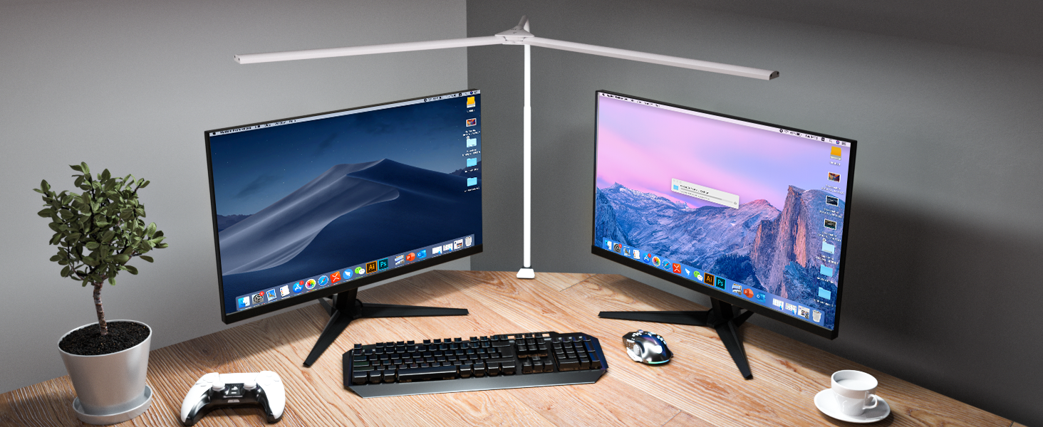 LED лампа настільна для офісу та дому, світло для монітора, 1400 люмен, регульована яскравість, кріплення-прищіпка, світло для робочого столу, гнусий «лебединий шия», подвійний насадка, 5 режимів кольору та рівнів яскравості, білий колір, 80 см