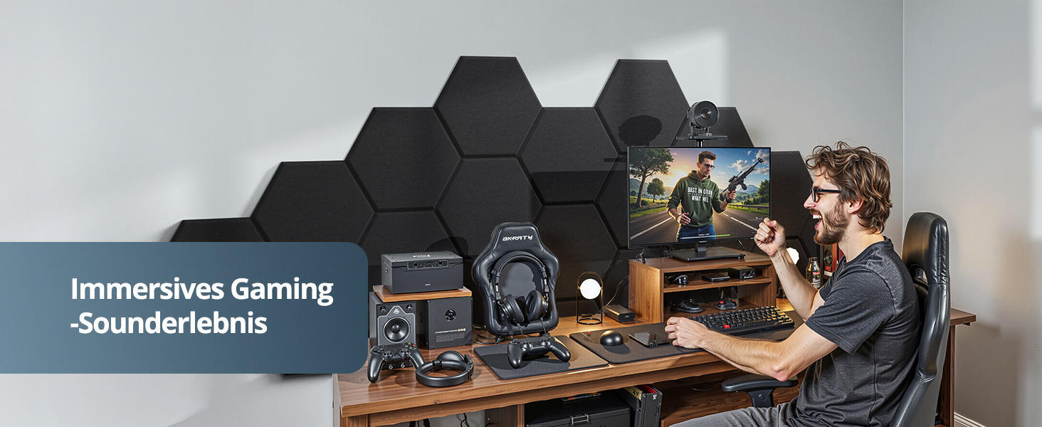 Акустичні гексагональні панелі самоклеючі, 12 шт. Поглинач звуку для студії, вітальні, геймерської зони та офісу, чорні, 30 x 26 x 0,9 см