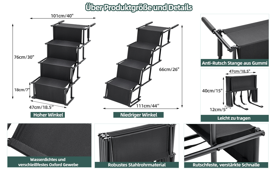 Folding Dog Ramp for Cars - 4 Step Pet Staircase, Up to 80kg, Black - Gentle on Joints