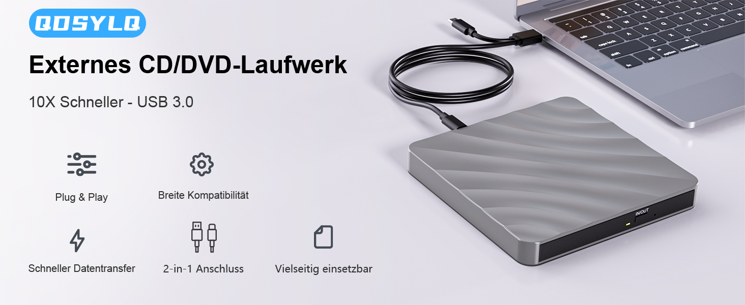 Зовнішній USB DVD/CD привід-записувач для ноутбука та ПК, оптичний накопичувач +/-RW ROM для Windows, MacOS, Linux (сірий/сріблястий)