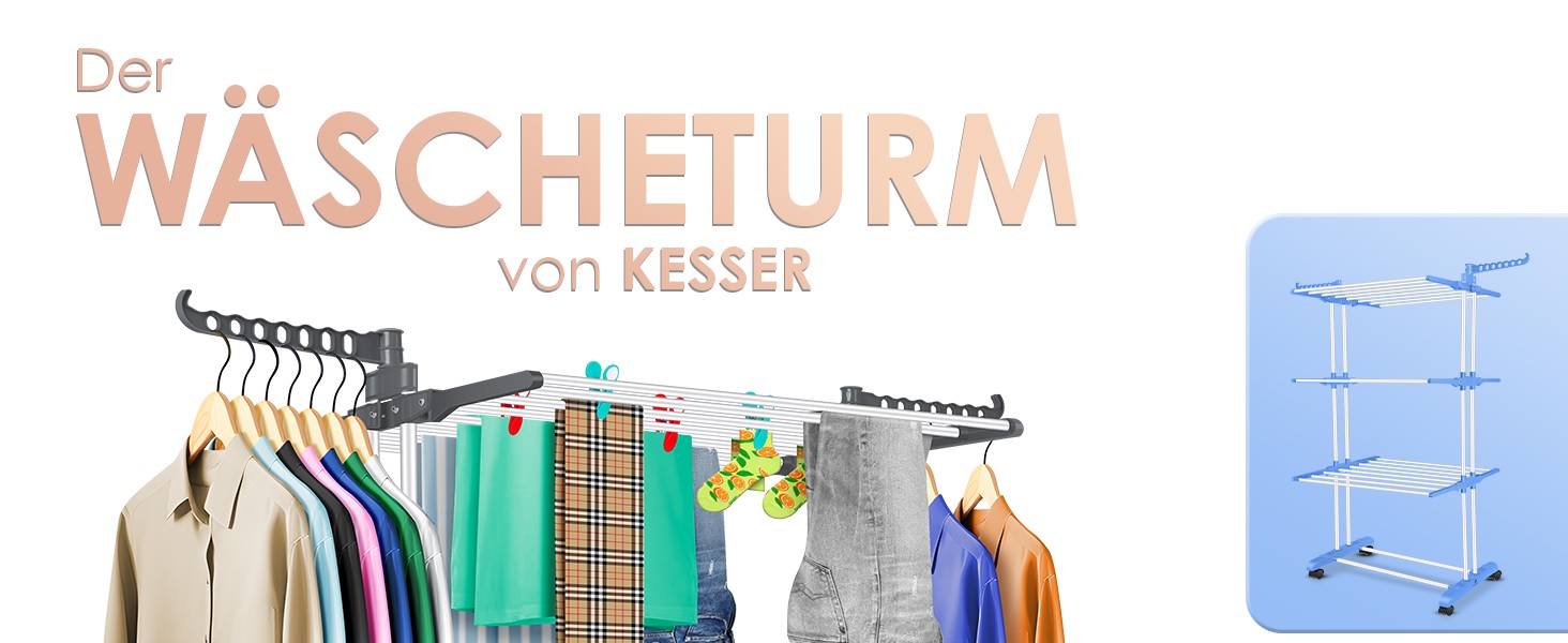 Кюссер® Сушилка для білизни з колесами - Турбо-модель, 4 яруси, 2 обертові крила, 6 склавних секцій, білий/антрацитовий