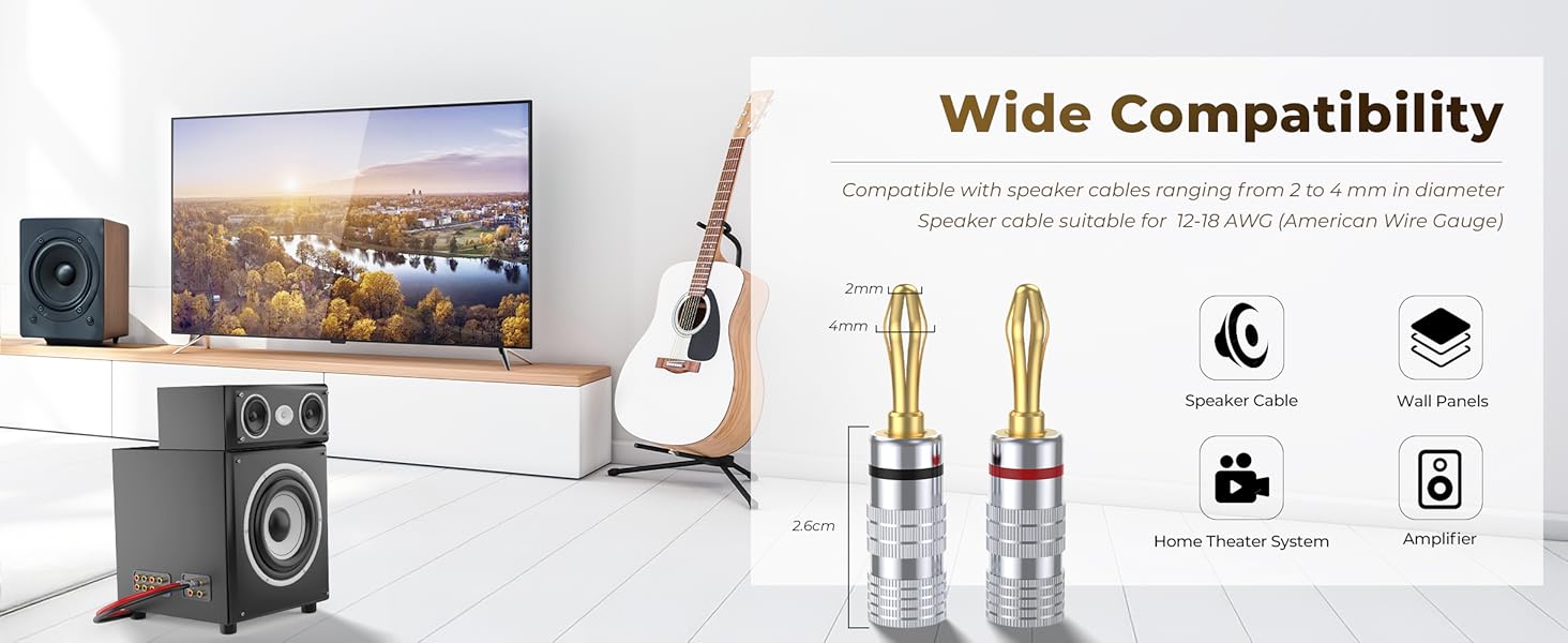 MOSWAG Бананові конектори для акустичних кабелів 4 шт. (2 пари), 24K позолота, для акустичних систем, AV-ресиверів, домашнього кінотеатру (підходить для кабелів діаметром до 4.5 мм)