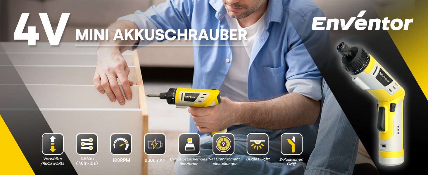 Mini акумуляторний шуруповерт Enventor 6 Nm, 4V, 2000 mAh, LED, USB, 25-ти шт. біт, з LED-підсвічуванням, 3 режими крутного моменту, з біт-подовжувачем, гнучкий вал (модель 95202)