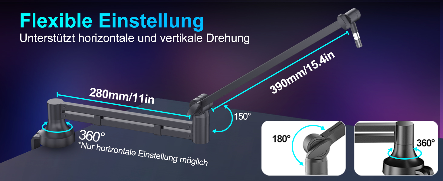 Низькопрофільний мікрофонний важіль, міцний тримач для мікрофону з кріпленням до столу 7 см, адаптери 3/8' та 5/8', для Blue Yeti, подкастів, геймінгу, вантажопідйомність до 2 кг, чорний
