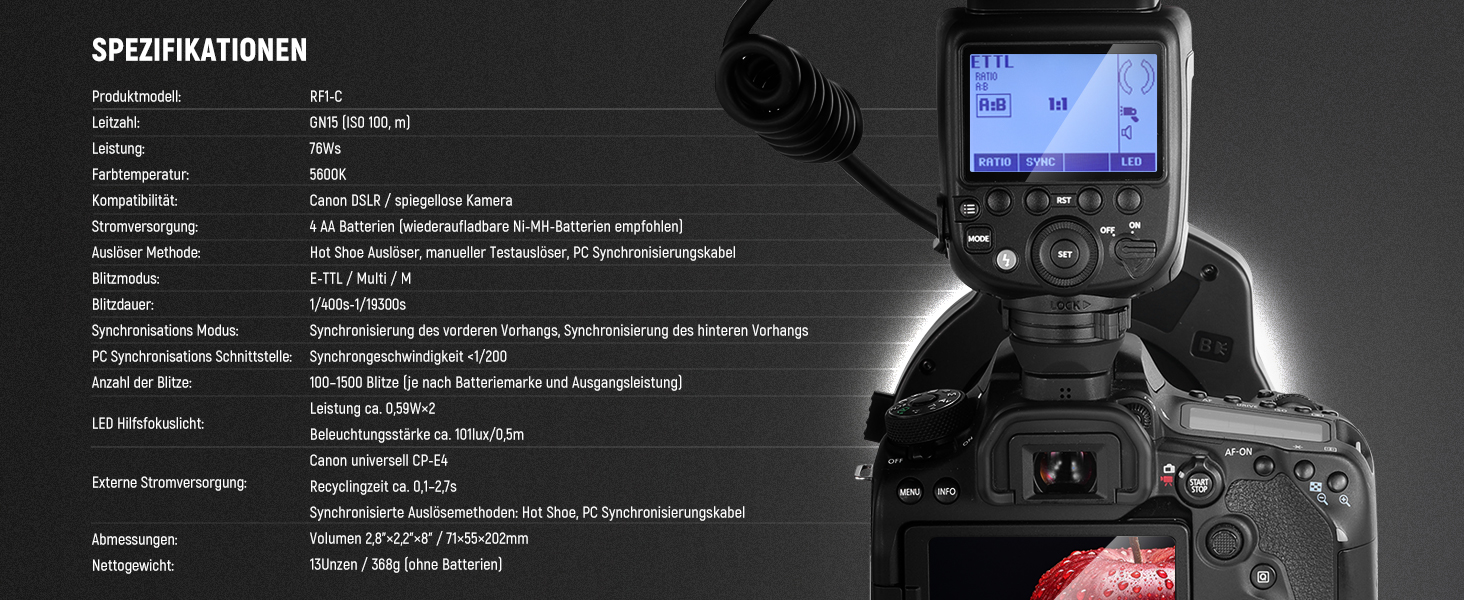 NEEWER RF1-S: Кольцевий спалах для Sony, Canon - 76W, GN15, 5600K, TTL, для макрозйомки та студійного освітлення