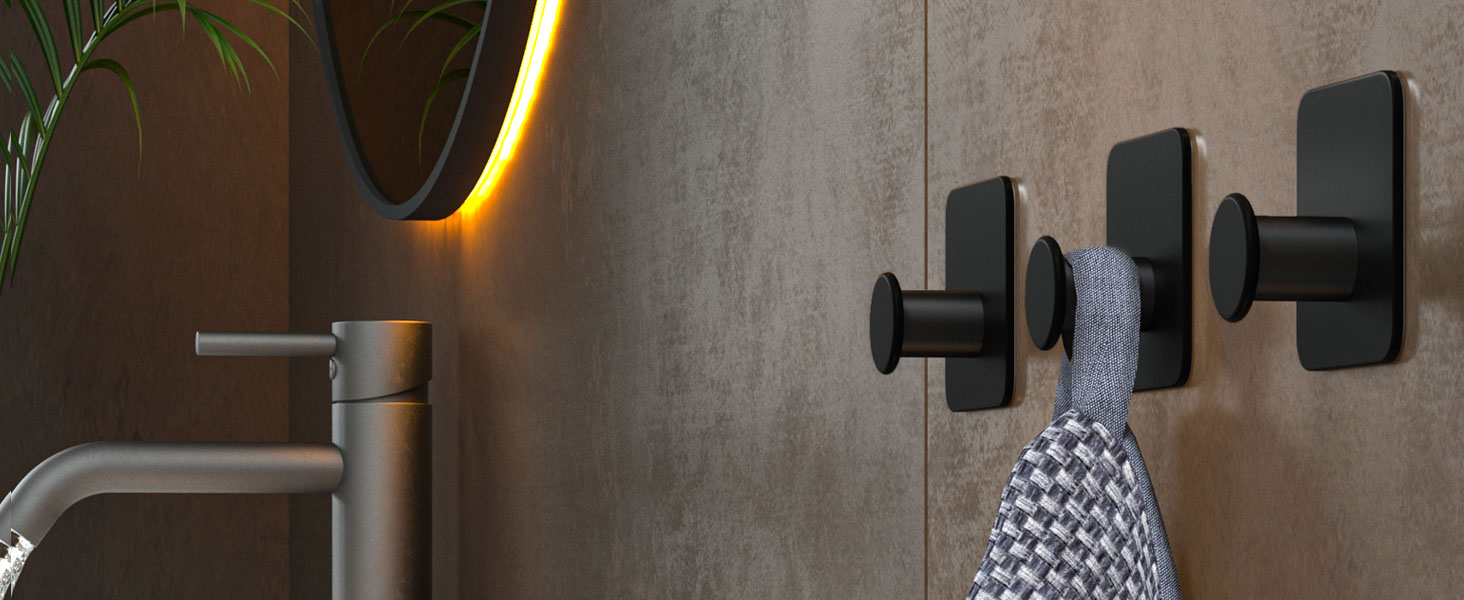 Набір гачків для рушників 4smile - 5 шт. без свердління, чорний колір, для ванної кімнати, самоклеючі, extra-strong, з 3M-клейкими панелями