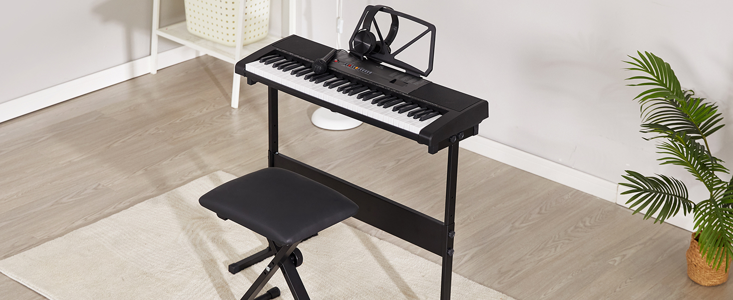 MUSTAR 61-клавішна клавіатура-піаніно для початківців, цифрова клавіатура з підсвічуванням, динаміками, стійкою, табуретом, навушниками, мікрофоном, підставкою для нот, 300 звуків та уроками гри, чорний колір
