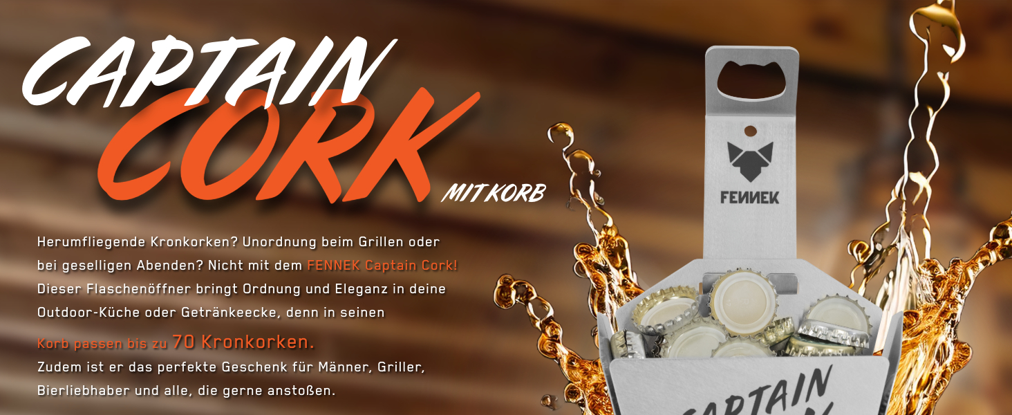 FENNEK Captain Cork | Bottle Opener with Basket | perfect for every outdoor kitchen, bar, workshop, and party cellar | made of stainless steel | Made in Germany