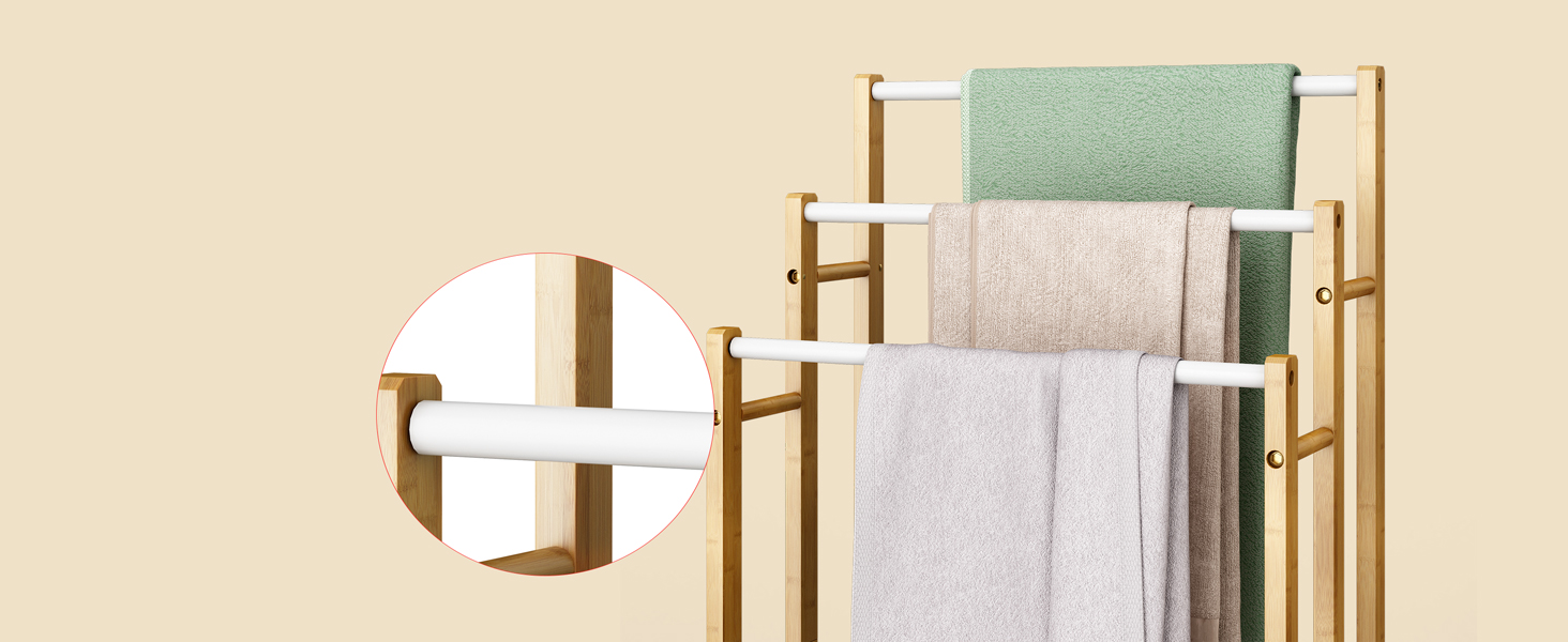 Підставка для рушників Dripex з бамбука, 96 см, з 3 нержавіючими стійками та полицею для ванної кімнати