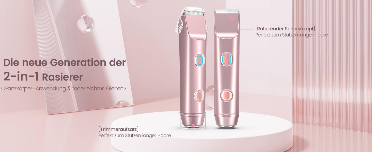 Епілятор для жінок 2-в-1 з тримером для бікіні, ніг, тіла. Вологостійкий, USB-C, рожеве золото