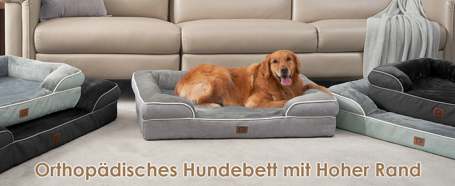 Ортопедичне ліжко для собак EHEYCIGA, великі та середні породи, 91x68 см, Memory Foam, вологостійке, з високим бортиком, сіре