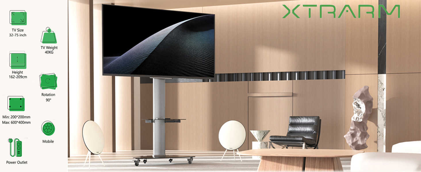 Підставка для телевізора XTRARM Proton 300: регульована висота 191 см, USB-порти, розетки, для телевізорів 32-75 дюймів, чорний алюміній, скляна підставка, максимальне навантаження 40 кг