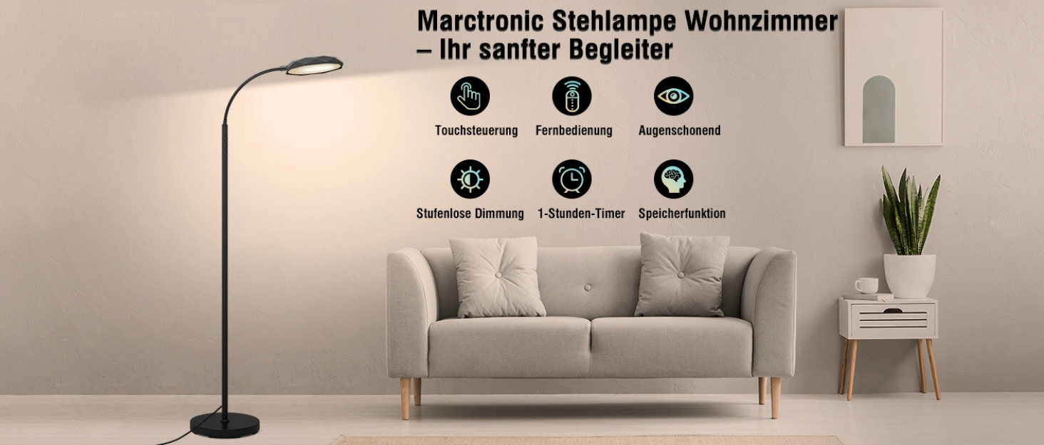 LED-стельова лампа Marctronic для вітальні, диммування, регулювання висоти, 18W, 1800LM, з пультом та сенсором, сучасний дизайн, для офісу, спальні (чорний)