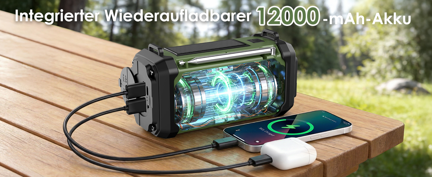 Радіо на механічній ручці Vikeri 12000mAh з сонячною панеллю, AM/FM/SW, LED ліхтарик, SOS сигнал, компас, USB-C зарядка для телефону, портативне радіо для надзвичайних ситуацій (Зелений)