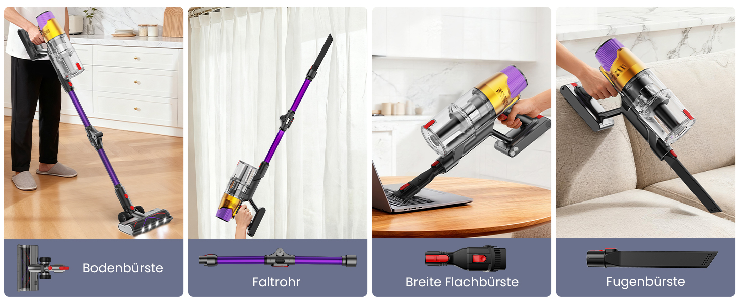 Бездротовий акумуляторний пилосос A12 з функцією миття підлоги, 8-в-1, 48Kpa, 550W, 70 хвилин, з сенсорним екраном, об'єм контейнера 1,5 л, док-станція для стін, підходить для килимів, авто, шерсті тварин, фіолетовий