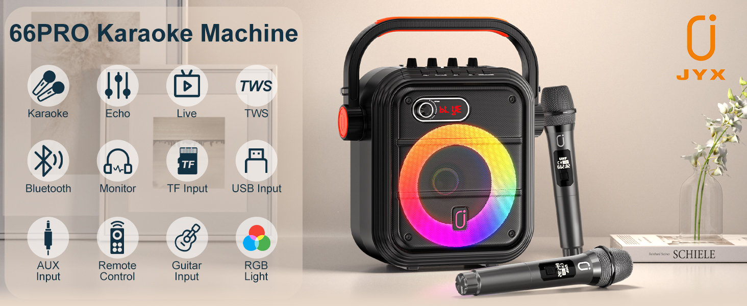 Караоке машина JYX з 2 бездротовими мікрофонами, портативна Bluetooth колонка з RGB-підсвічуванням, підтримка TF/USB, AUX, FM, запис, TWS, караоке система для вечірок, PA-система для дорослих/дітей