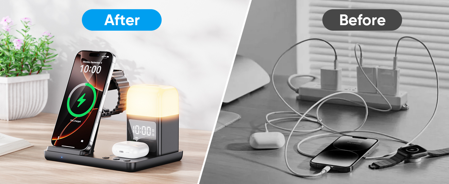 Бездротова зарядка для iPhone 17/16/15/14/13/12, 6-в-1 з нічною лампою та будильником, сумісна з Apple Watch та AirPods (Білий/Чорний)