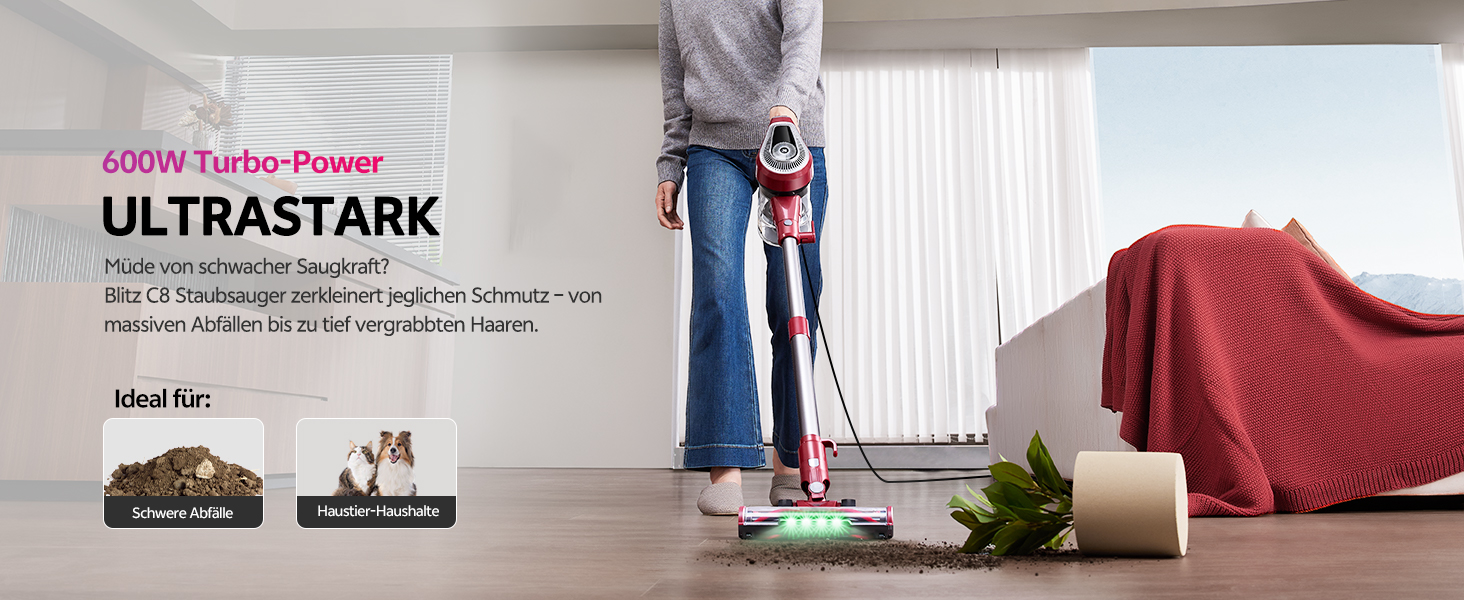 Vexilar Бездротовий пилосос 600W, 60kPa, 6-в-1 з LED, анти-алергенний, для дому та тварин, 7м кабель, легкий