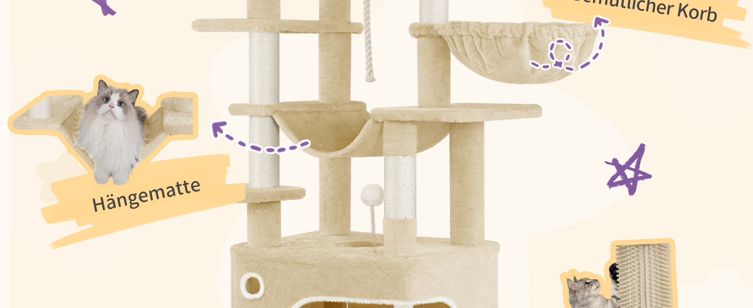 Кігтеточка для котів Hzuaneri XL (203 см) з платформою, печерами, колонами, гамаком та помпонами, бежева