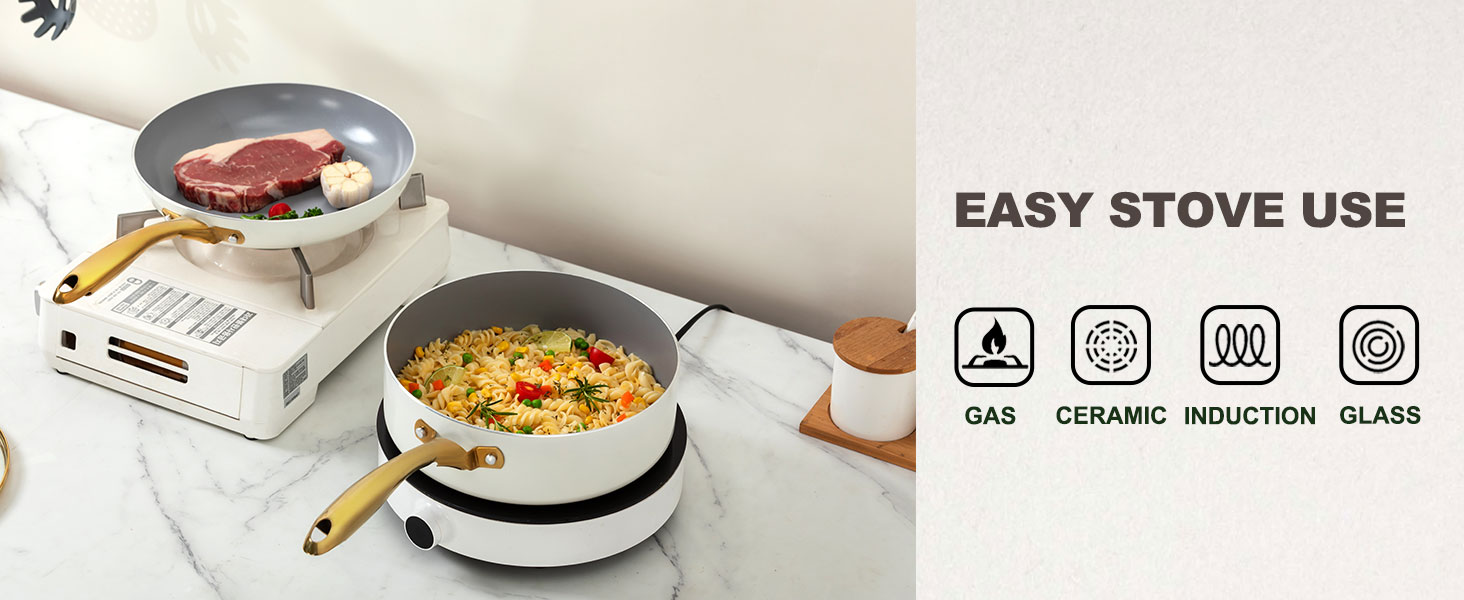 Набір посуду Keramik KochSet керамічний антипригарний (індукція, духовка, посудомийка) бежево-білий з золотом