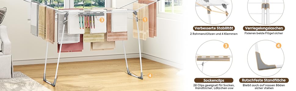 Сушарка для білизни KINGBOARD розкладна велика, крилатий сушарка висувна 174x97x156 см, стійка сушарка з антиковзними ніжками для дому та вулиці, біла